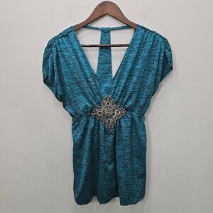 Vtg Y2K Babydoll Top S‎ Blue Ruched Hardware Embellished Empire Cinched